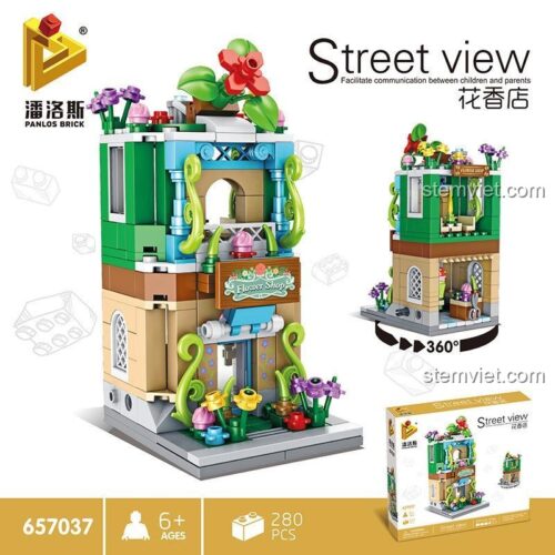 Hộp sản phẩm mô hình mini 657037, bộ đồ chơi Tiệm hoa nhỏ xinh Panlos Brick, gồm 281 chi tiết, quà tặng cho bé gái.