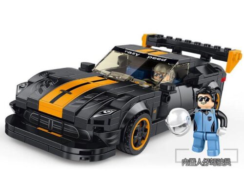 Mô hình đồ chơi lắp ráp Panlos Brick 666026 xe đua Dodge Viper ACR màu đen cam cùng minifigure tay đua, phù hợp cho bé trai 6 tuổi.