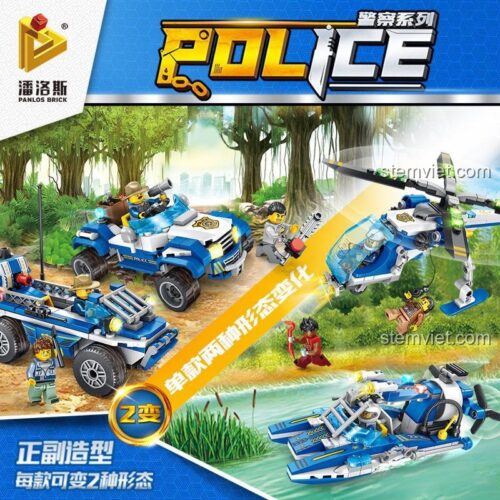 Đồ chơi mô hình Panlos Brick 681003A, Xe Jeep Cảnh Sát Rừng biến hình thành trực thăng và thuyền, đồ chơi lắp ráp 2 trong 1 cho bé trai 6 tuổi, chất lượng cao.