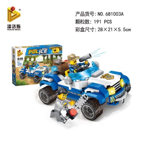 Bộ lắp ghép Xe Jeep Cảnh Sát Rừng Panlos Brick 681003A, đồ chơi lắp ráp cảnh sát cho bé trai 6 tuổi, giá tốt, hiển thị hộp sản phẩm và mô hình đã lắp ráp.