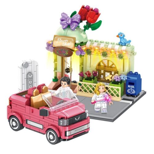Bộ lắp ráp Panlos Brick 685001 Cửa hàng hoa và xe Wuling MINIEV mui trần cho bé gái 6 tuổi.