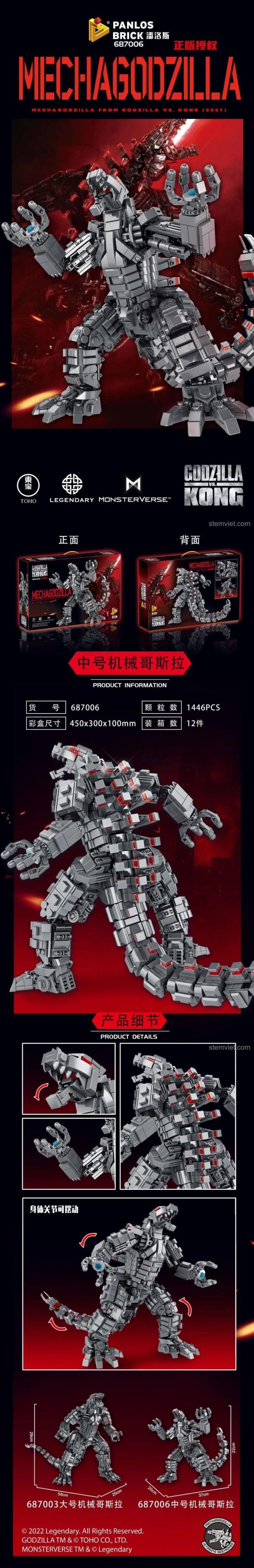 Thông tin chi tiết bộ lắp ráp Quái vật Mechagodzilla Panlos Brick, với 1446 mảnh ghép, dành cho bé trai.