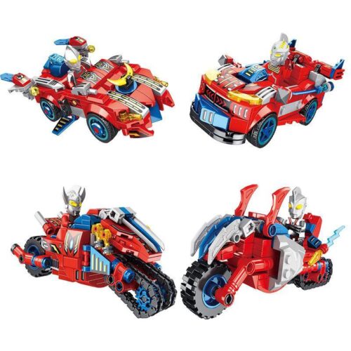 Bộ lắp ráp Xe Chiến Đấu Ultraman Panlos Brick 690032 cho bé trai 6 tuổi, gồm 4 mẫu xe hợp thể thành robot.