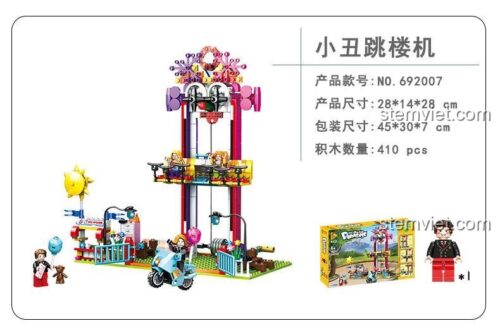 Mô hình Tháp Rơi Tự Do Chú Hề Panlos Brick 692007, đồ chơi lắp ráp 410 chi tiết, thể hiện kích thước và minifigure