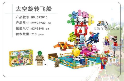 Bộ lắp ghép Vòng Quay Không Gian Panlos Brick 692010 hiển thị kích thước mô hình 29x26x32 cm và kích thước hộp 62x38x8 cm, phù hợp cho bé 6+ tuổi.