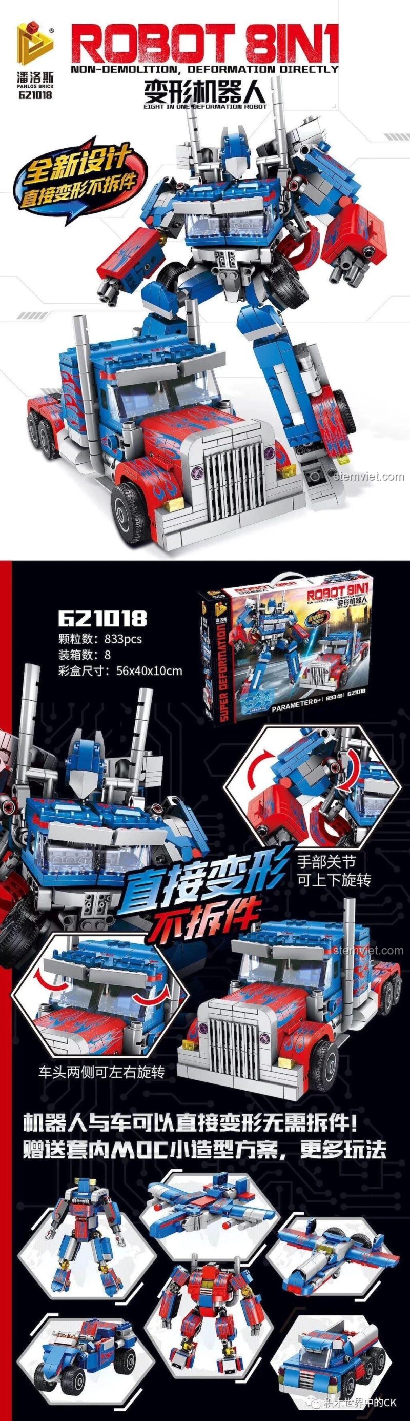 Poster quảng cáo bộ đồ chơi Panlos Brick GZ1018, thể hiện khả năng biến hình không cần tháo rời và 7 mô hình phụ có thể lắp ráp.