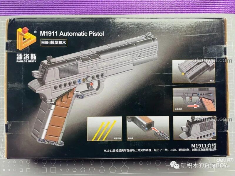 Mặt sau hộp PanlosBrick 670007 Súng Lục M1911, thể hiện tính năng bắn đạn và tháo rời băng đạn, đồ chơi lắp ráp súng lục