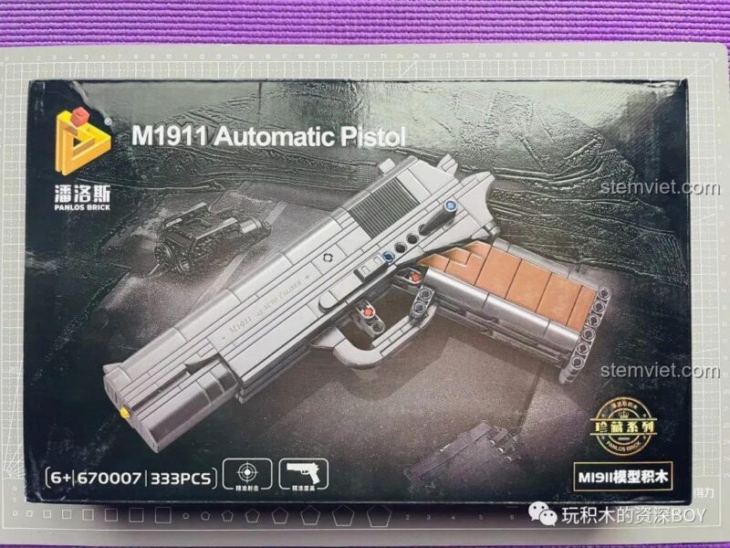 Ảnh review hộp PanlosBrick 670007 Súng Lục M1911, bộ lắp ghép súng mô hình 333 mảnh, đồ chơi cho bé trai 6 tuổi