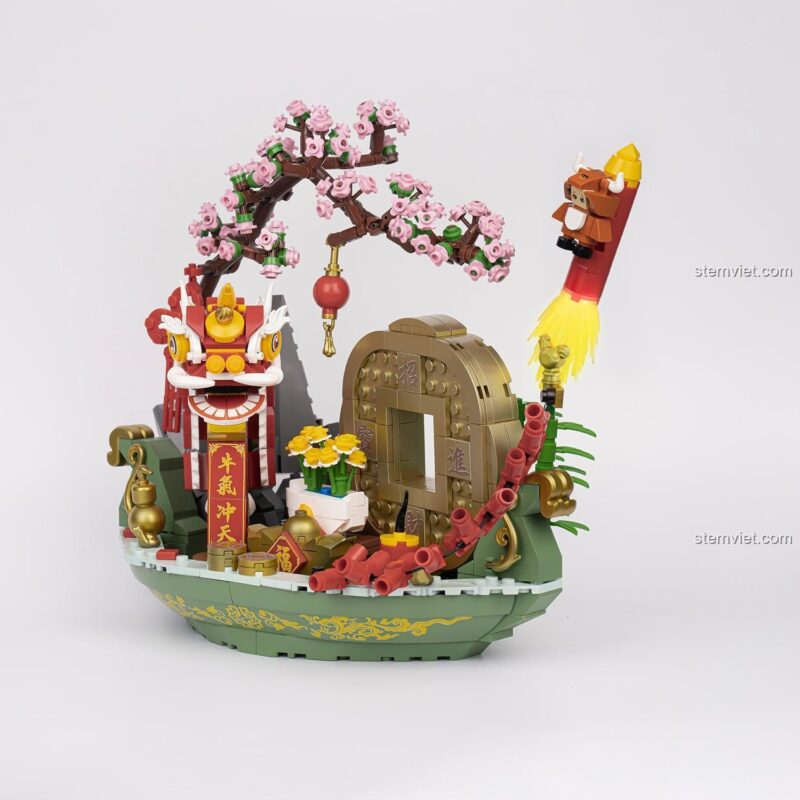 Ảnh review bộ lắp ghép Pantasy 18003 Bồn Tụ Bảo, mô hình Bồn Tụ Bảo Tết, chi tiết in và mạ vàng rõ nét, đồ chơi xây dựng chất lượng tốt, phù hợp trẻ 6 tuổi.
