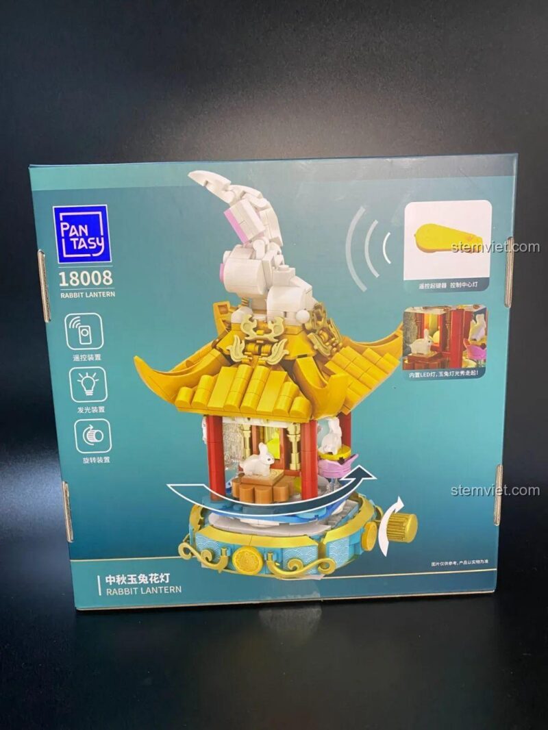Mặt sau hộp Đèn lồng thỏ ngọc xoay Pantasy 18008, đồ chơi lắp ráp có đèn LED và tính năng xoay, cho bé gái 6 tuổi