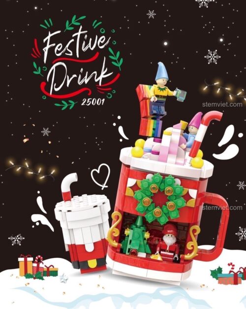 Hộp sản phẩm Pantasy 25001 Festive Drink với hình ảnh mô hình cốc đồ uống Giáng Sinh lớn và nhỏ, tuyết rơi và đèn trang trí, món quà tuyệt vời cho mùa lễ hội.