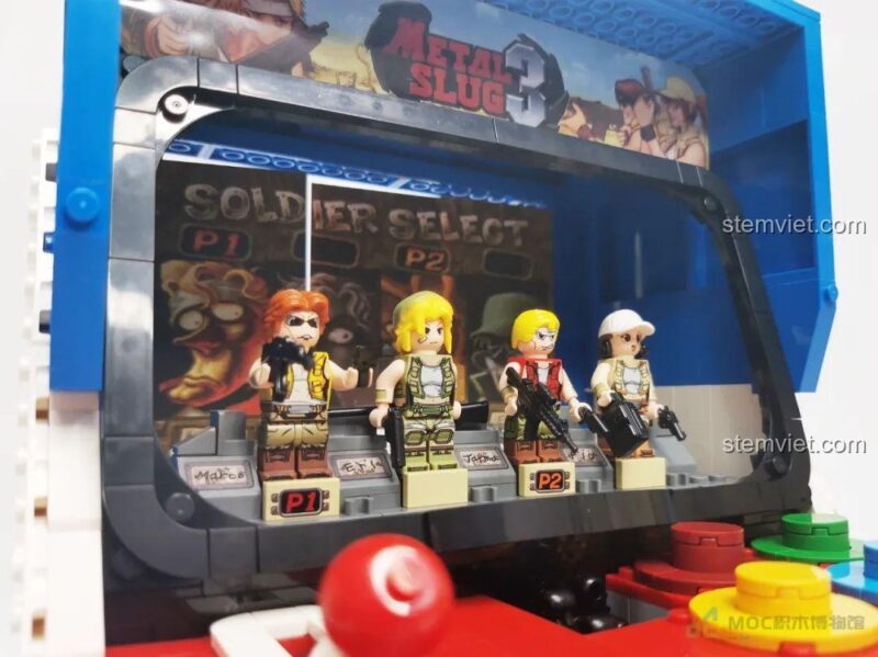 Màn hình chọn nhân vật của bộ xếp hình máy game thùng NEOGEO, đồ chơi lắp ráp Metal Slug 3, có 4 minifigure.