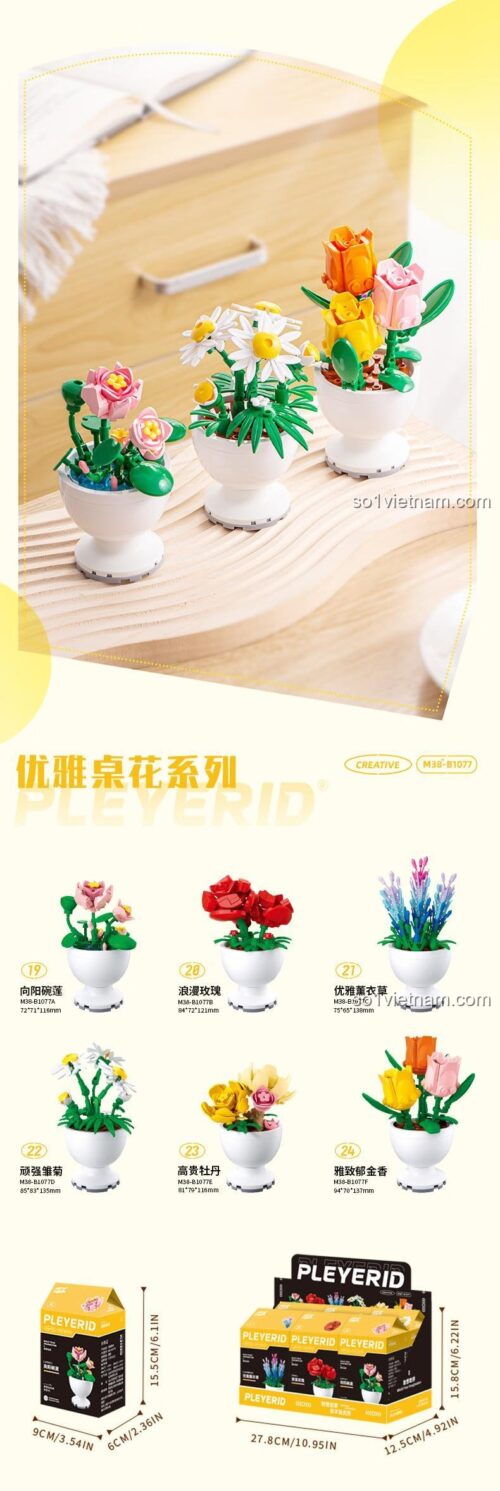 Chi tiết kích thước và vỏ hộp đồ chơi mô hình Pleyerid M38-B1077, bộ sưu tập hoa mini gồm 6 loại hoa khác nhau.