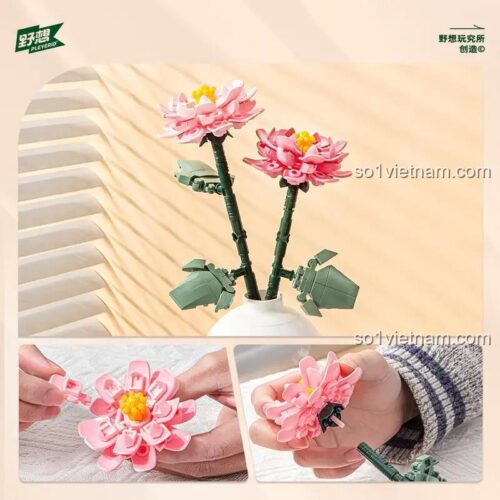 Chi tiết bộ lắp ghép hoa Mẫu Đơn Pleyerid M38-B1101, các mảnh ghép tinh xảo, màu hồng dịu dàng.