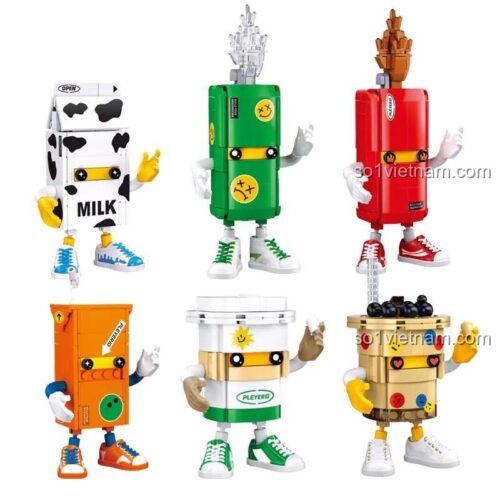 6 mẫu đầu tiên của bộ lắp ghép Liên Minh Ẩm Thực M38-B1123, bao gồm Sữa, Soda, Coca, Nước chanh, Cà phê và Trà sữa. Đồ chơi sáng tạo cho bé 6 tuổi.