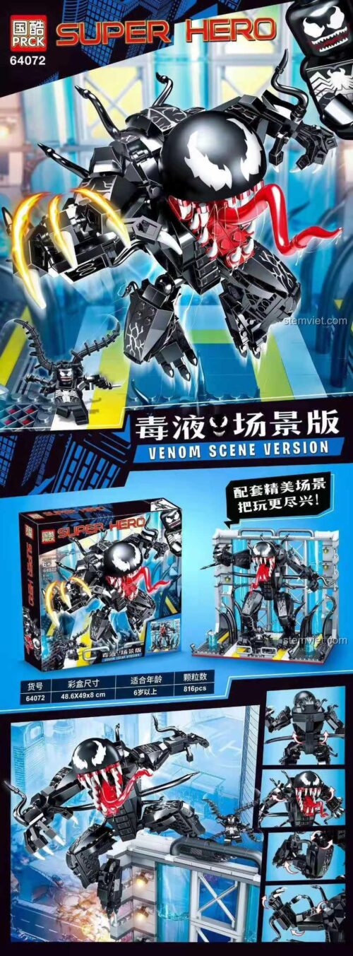 Hộp đồ chơi lắp ráp PRCK 64072 Venom, bộ lắp ghép Venom 64072, đồ chơi mô hình Venom, 816 mảnh ghép, cho bé trai 6 tuổi, chất lượng cao.