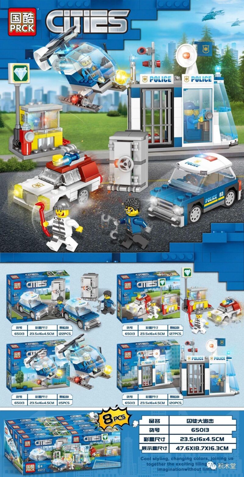 Bộ lắp ghép cảnh sát PRCK 65013 với trạm cảnh sát, trực thăng và xe cảnh sát, minifigures đang thực hiện cuộc đuổi bắt tù nhân kịch tính, phù hợp cho bé trai 6 tuổi, giá tốt.