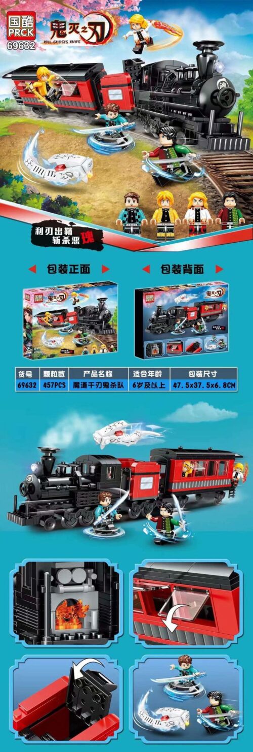 Bộ đồ chơi PRCK 69632 Tàu hỏa Thanh Gươm Diệt Quỷ, hộp trước sản phẩm với 4 minifigures và hiệu ứng chiến đấu, phù hợp bé trai 6 tuổi, giá tốt.