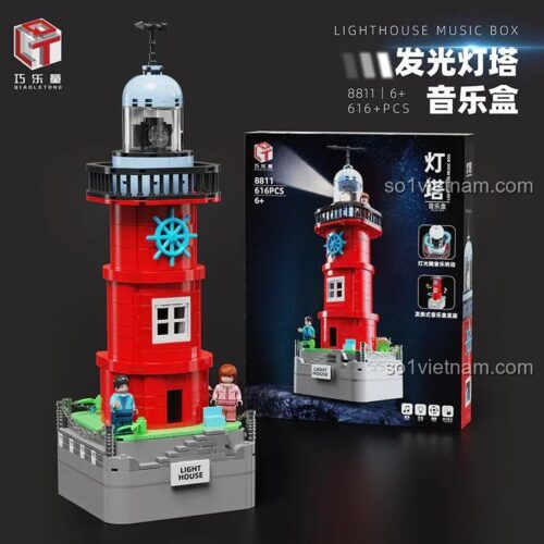 Hình ảnh đồ chơi mô hình Hộp nhạc ngọn hải đăng Qiao Le Tong 8811 bên cạnh vỏ hộp sản phẩm, thể hiện đầy đủ chi tiết và tính năng.