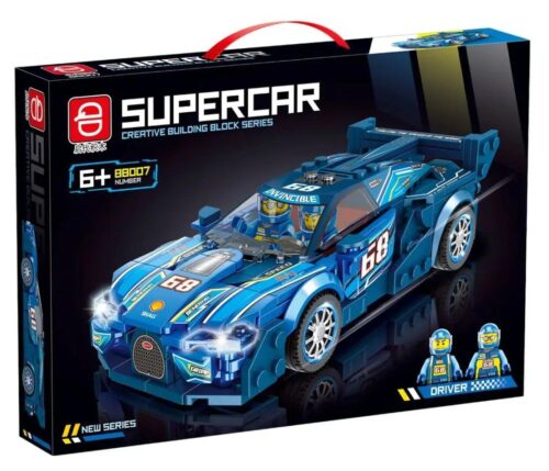 Bộ lắp ghép xe thể thao màu xanh 88007 Bugatti Chiron, 48 chi tiết, có đèn LED, 2 tài xế, cho bé 6 tuổi