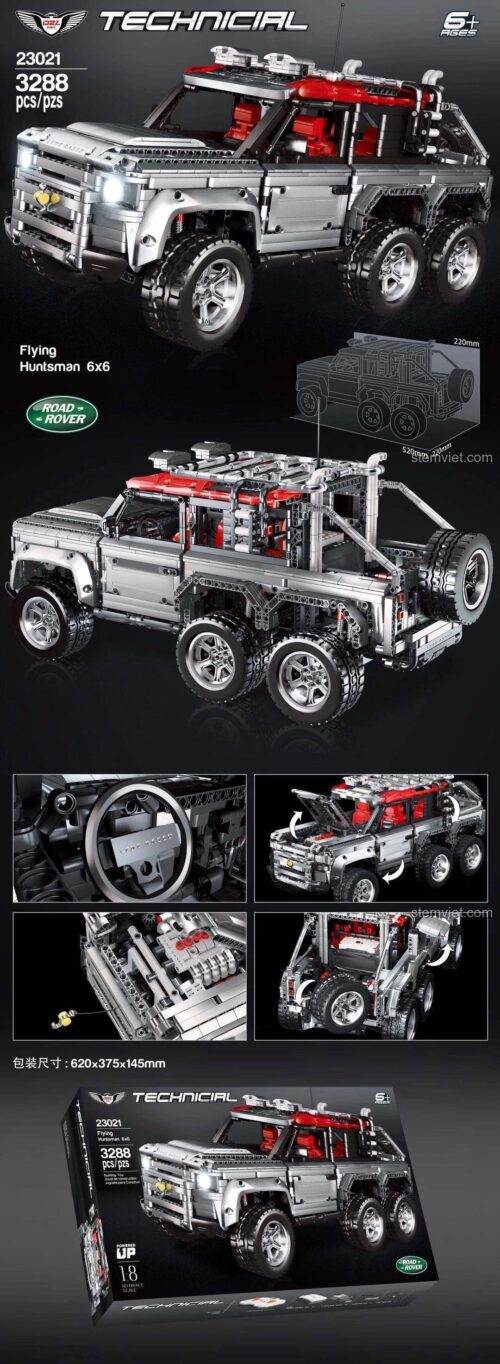 Tổng quan các chi tiết của bộ đồ chơi mô hình Qizhile 23021 Land Rover Defender 6x6, bao gồm hình ảnh hộp, kích thước mô hình, các tính năng như động cơ, hệ thống lái và hệ thống treo.