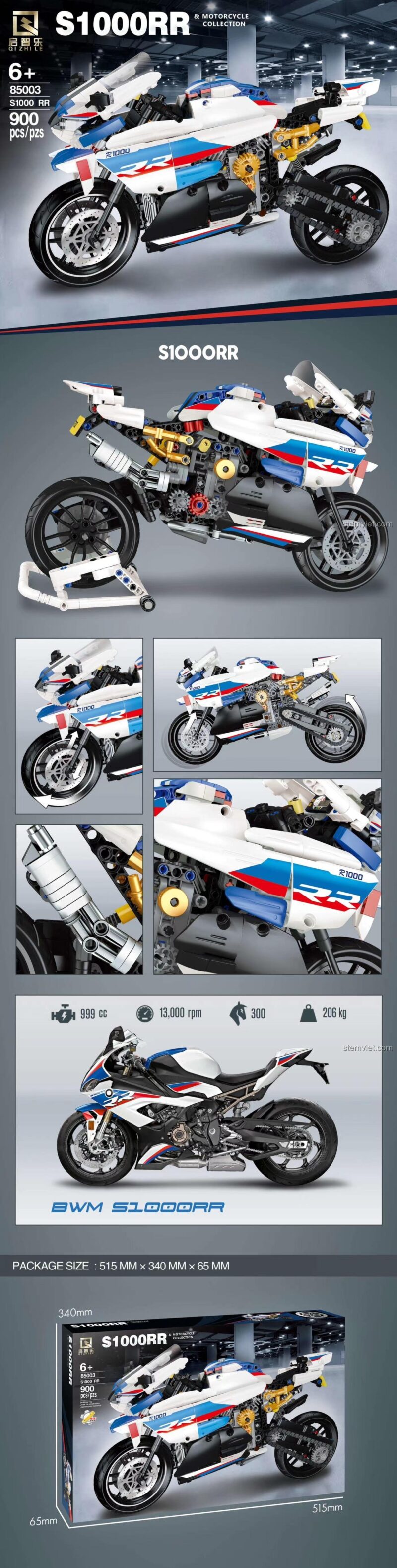 Bộ đồ chơi QIZHILE 85003 BMW S1000RR màu trắng, xanh, đỏ, đen, mô hình xe mô tô phân khối lớn BMW S1000RR chi tiết động cơ, hệ thống treo, phù hợp bé trai 6 tuổi, giá tốt.