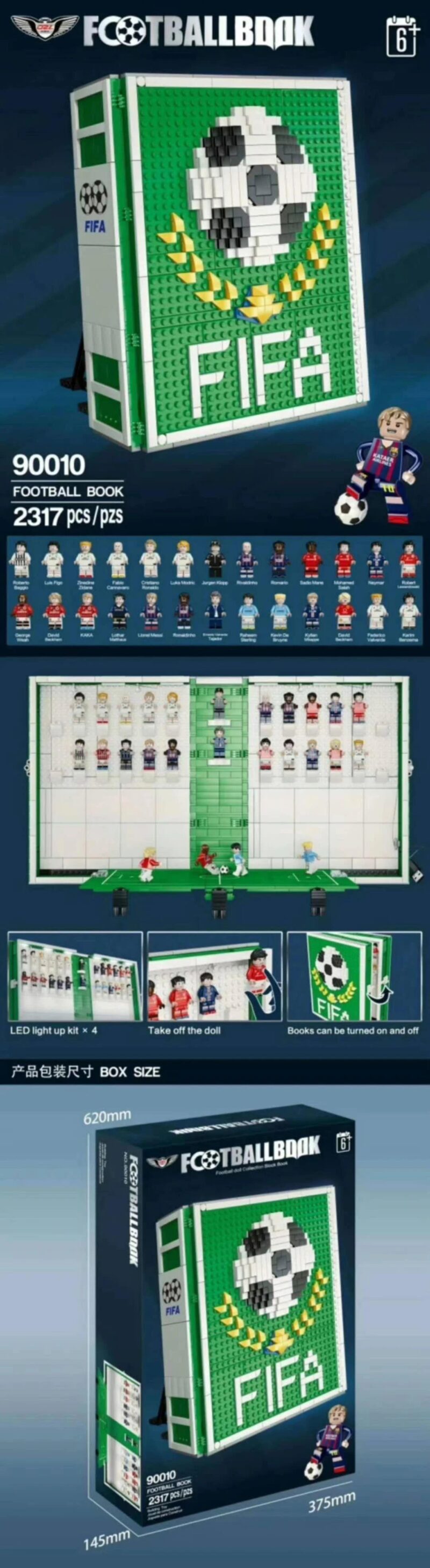 Bộ lắp ghép Sách xếp hình Sân Bóng Đá FIFA QIZHILE 90010 với 2317 mảnh, có đèn LED và 22 minifigure cầu thủ, phù hợp cho bé trai 6 tuổi, giá tốt.