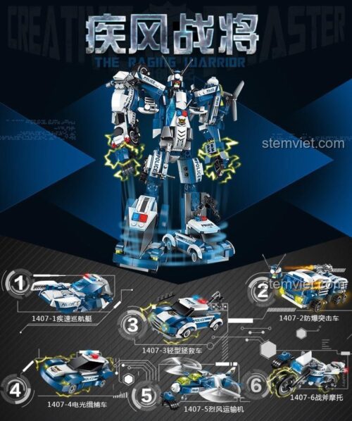 Hộp bộ lắp ghép Enlighten 14076 Robot Hợp Thể Cảnh Sát, thể hiện 6 mẫu lắp được và robot tổng hợp, đồ chơi lắp ráp cho bé trai.
