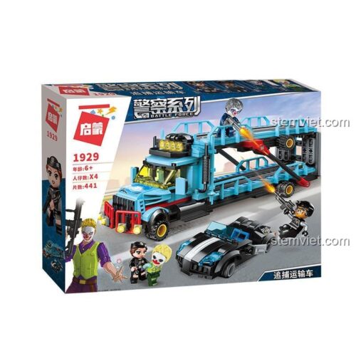 Hộp sản phẩm và mô hình lắp ráp hoàn chỉnh của bộ đồ chơi xếp hình Cuộc Truy Đuổi Của Cảnh Sát 1929, hiển thị kích thước hộp 370x275x65mm và số lượng 441 chi tiết.