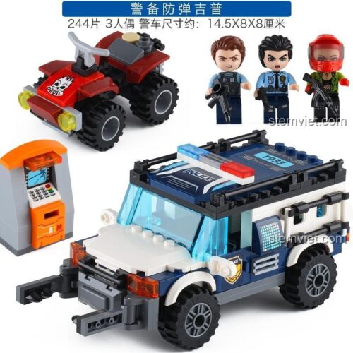 Chi tiết mô hình đồ chơi lắp ráp Xe Jeep Cảnh Sát QMAN 1933 với 3 minifigures, kích thước 14.5x8x8cm, phù hợp bé trai 6 tuổi.