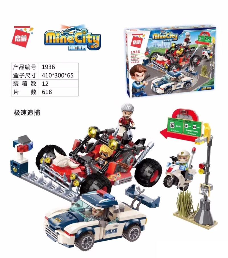 Bộ đồ chơi lắp ráp Qman 1936 MineCity cảnh sát truy đuổi tốc độ, mô hình xe cảnh sát và xe địa hình cho bé trai 6 tuổi, đồ chơi giá tốt phát triển tư duy sáng tạo.