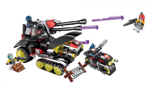 Ảnh chụp bộ lắp ráp Xe Pháo Laser QMAN 2715 với 4 minifigures và mô tô tách rời, đồ chơi sáng tạo cho bé trai 6 tuổi.
