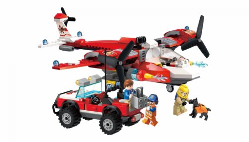 Toàn cảnh bộ lắp ráp Đội Cứu Hỏa Rừng QMAN 2805 với máy bay, xe jeep, 3 minifigure và chó cứu hộ, phù hợp cho bé trai 6 tuổi.