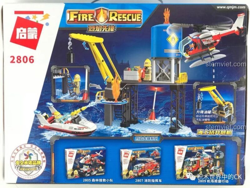 Mặt sau hộp QMAN 2806 hiển thị các tính năng chính như nâng hạ thùng dầu và các bộ khác trong cùng series Fire Rescue.