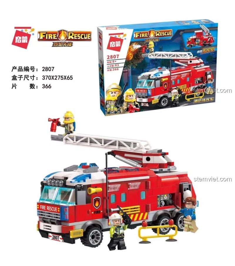 Hình ảnh hộp sản phẩm và mô hình đồ chơi xếp hình Xe cứu hỏa QMAN 2807 giá rẻ, gồm 366 chi tiết.