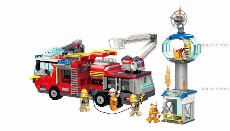 Bộ đồ chơi QMAN 2809 Xe cứu hỏa sân bay và tháp điều khiển, thể hiện các nhân vật minifigure đang thực hiện nhiệm vụ dập lửa.