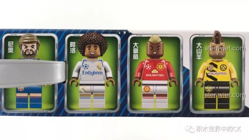 Cận cảnh 4 minifigures cầu thủ bóng đá nổi tiếng trong bộ đồ chơi QMAN 3005, bao gồm Messi, Pogba, Marcelo và Aubameyang.