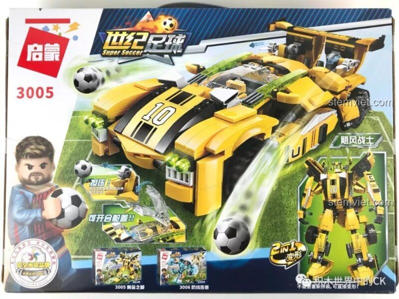 Mặt sau hộp đồ chơi lắp ghép QMAN 3005, minh họa khả năng biến hình từ robot thành xe đua và các tính năng nổi bật.
