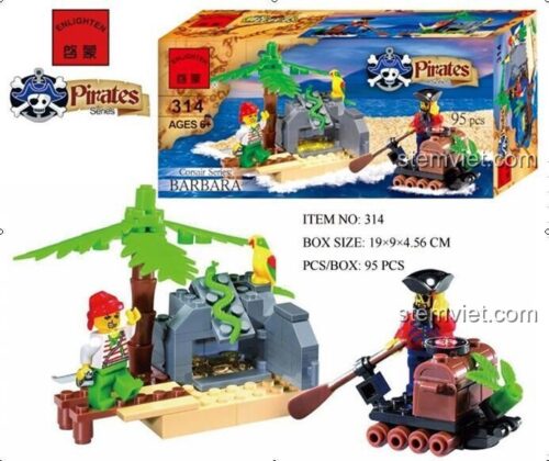 Hộp sản phẩm đồ chơi mô hình Cảnh cướp biển tìm kho báu ENLIGHTEN 314. Bộ đồ chơi 95 mảnh, kích thước hộp 19x9x4.56 cm, phù hợp làm quà cho con trai.