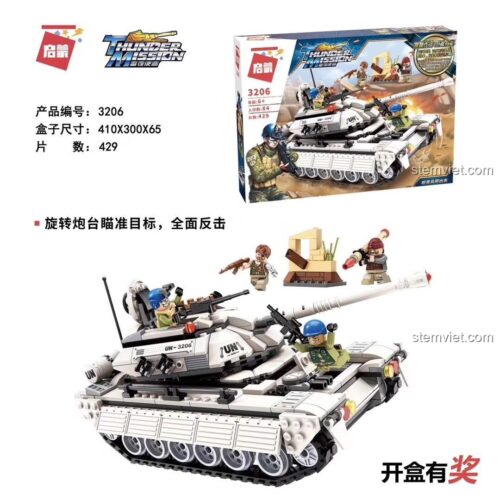 Hộp đồ chơi mô hình ENLIGHTEN 3206 Xe Tăng Chiến Đấu với 630 mảnh ghép, kích thước hộp 41x30x6.5cm, phù hợp bé trai 6 tuổi, chất lượng cao.