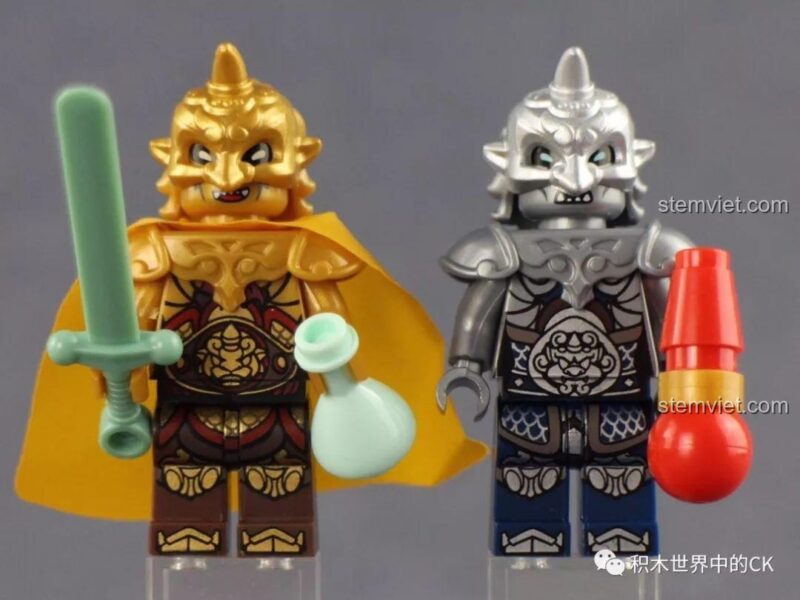 ENLIGHTEN Trí Đấu Kim Ngân Giác Đại Vương, cận cảnh minifigure Kim Giác Đại Vương và Ngân Giác Đại Vương, trang bị kiếm và bình hồ lô, phù hợp bé trai 6 tuổi, đáng tiền