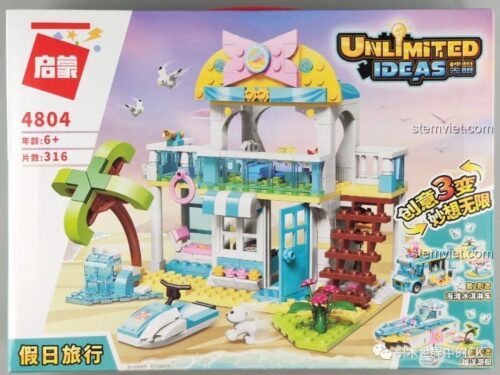 Mặt trước hộp bộ lắp ghép QMAN 4804 Biệt Thự Bãi Biển, hiển thị số mảnh 316 và độ tuổi 6+. Bộ đồ chơi mô hình đa năng cho bé gái.