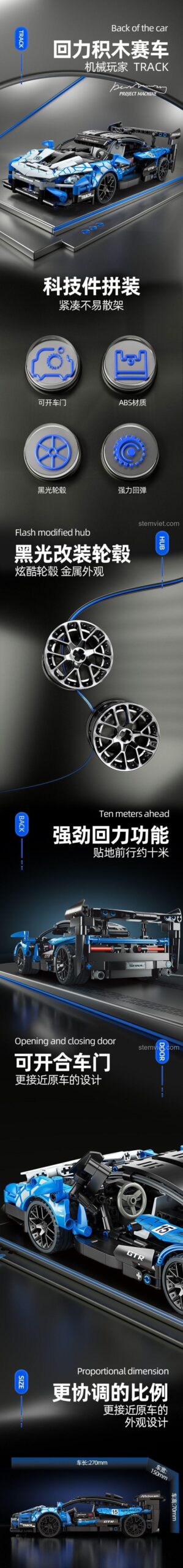 Chi tiết tính năng của đồ chơi mô hình xe đua McLaren Senna QMAN 67123, bao gồm cửa mở, động cơ kéo lùi và chất liệu ABS.