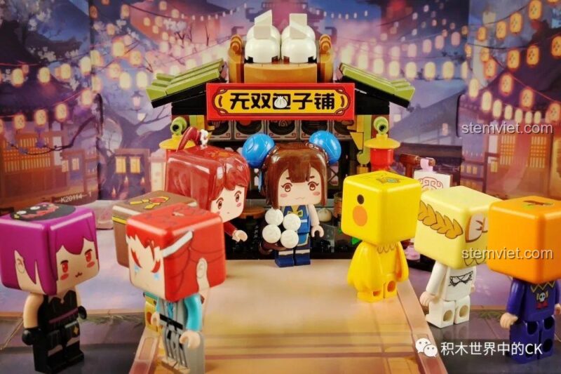 Đồ chơi mô hình Cửa hàng Bánh Bao Mini World ENLIGHTEN, các minifigure khác tương tác với tiệm bánh bao, ảnh review người dùng.