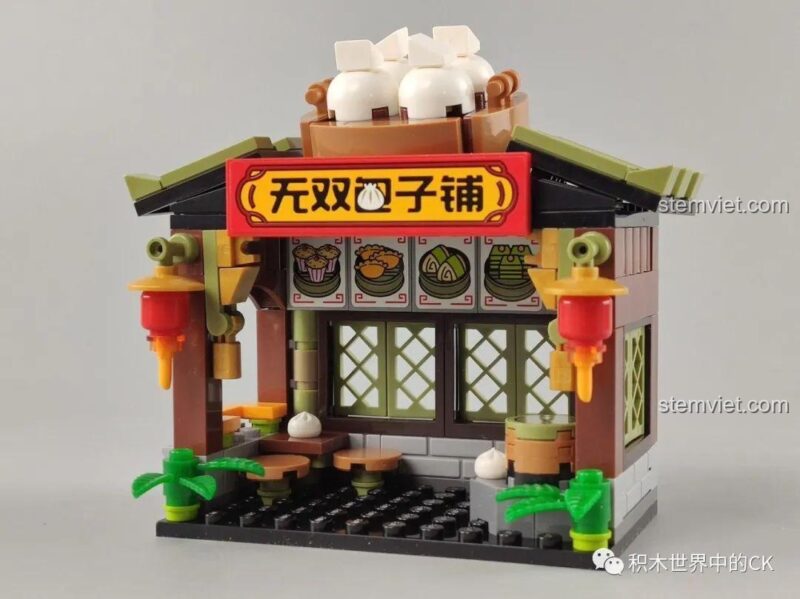 Bộ lắp ráp QMAN 72012, Tiệm Bánh Bao Vô Song Mini World đã lắp ráp hoàn chỉnh, mặt trước cửa hàng, đồ chơi mô hình.