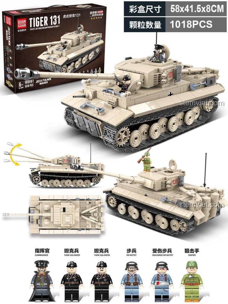 Chi tiết tính năng và 6 minifigures của đồ chơi xây dựng Cỗ xe tăng Đức Tiger 131 100061.