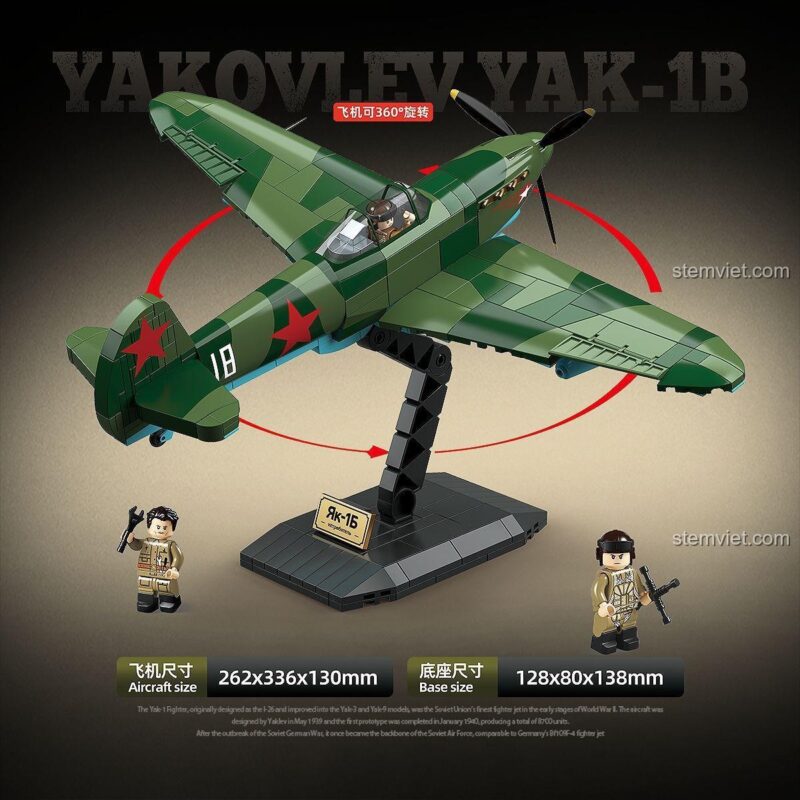 Bộ xếp hình Máy bay quân sự Thế chiến II Quan Guan 100287 với giá đỡ và 3 minifigures.