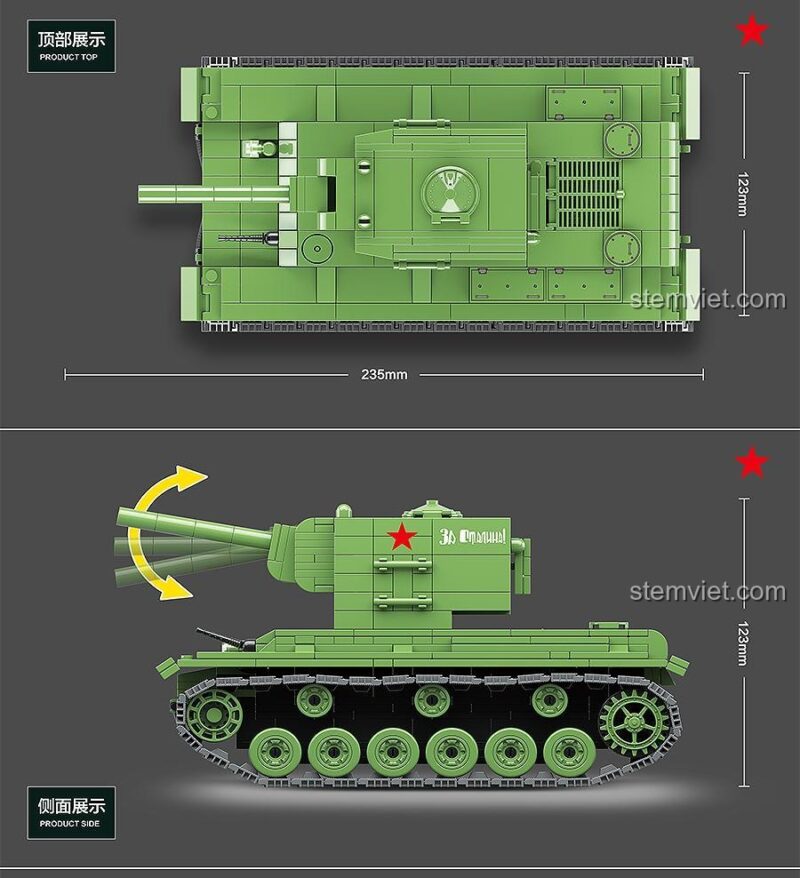 Kích thước chi tiết của mô hình xe tăng KV-2 QUANGUAN 100071 từ góc nhìn trên và bên cạnh, thể hiện tháp pháo xoay 360 độ.