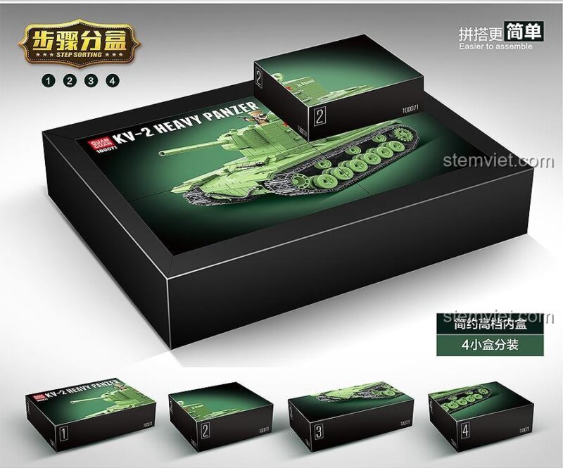 Bên trong hộp đồ chơi lắp ráp xe tăng KV-2 QUANGUAN 100071 được chia thành 4 hộp nhỏ, giúp việc lắp ráp dễ dàng hơn cho bé trai 6 tuổi.