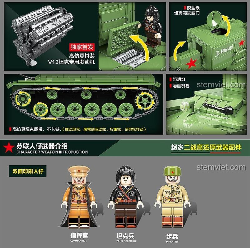 Chi tiết mô hình xe tăng KV-2 QUANGUAN 100071 với động cơ V12 mô phỏng, cửa buồng lái mở được, đèn chiếu sáng, súng máy phía trước và xích xe tăng hoạt động mượt mà.